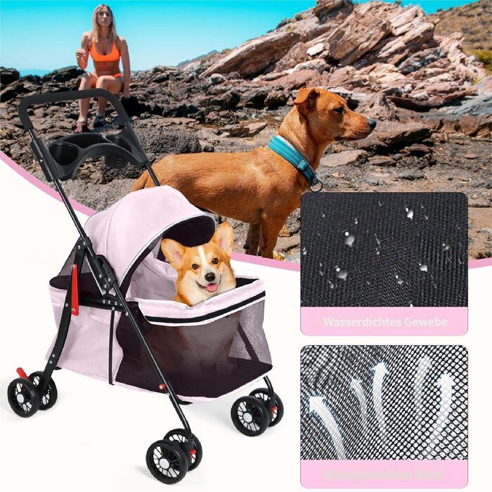 2в1 Візок для собак до 15 кг, буги для собак з тримачами для напоїв, переноска для собак, складаний, з гальмом, вагончик для собак, 48 x 68 x 95 см (Рожевий)