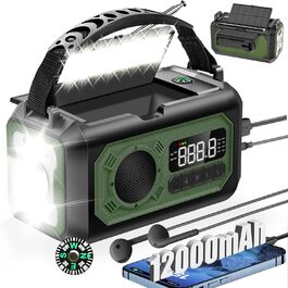 Радіоприймач Kurbelradio на сонячній енергії з ручним заводом, 12000mAh, 7-в-1, SOS, ліхтарик, компас, зелений