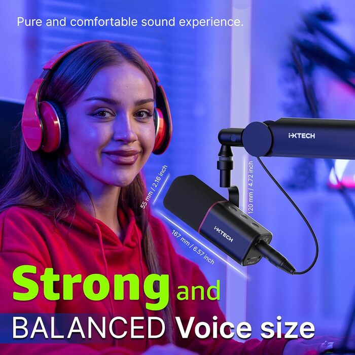 IXTECH Динамічний мікрофон з нирковою характеристикою RGB для студії, стримінгу та запису. USB/XLR, регулювання Gain, для подкастів та вокалу. Білий (M, Black)