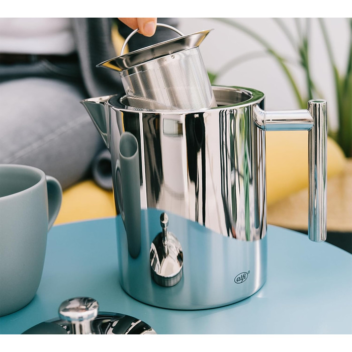 alfi TEA POT 1.40l, Stainless steel insulated pot with tea strainer and tea catcher, single-walled stainless steel, durable thermos pot, ideal as a teapot for loose tea, dishwasher-safe, BPA-free