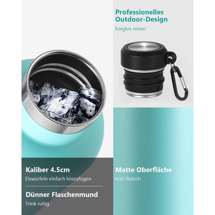 Фляга спортивна Feijian 1L з карабіном - не протікає, з нержавіючої сталі, для води, кави, чаю, без BPA, зелена