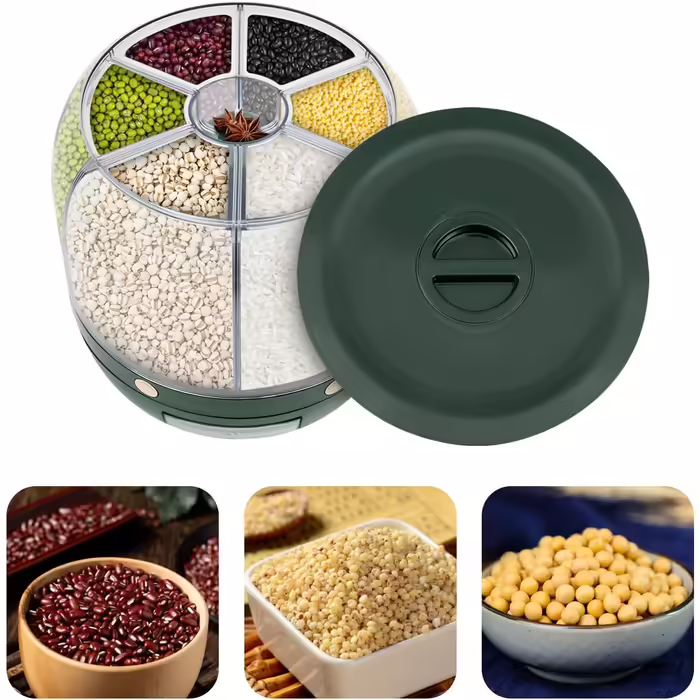 Rotating Dry Food Storage Container with 6 Compartments, Cereal Storage Container, Countertop, 6 kg Grain Organizer and Dispenser, Round, 360-degree Rotating Food Dispenser for
