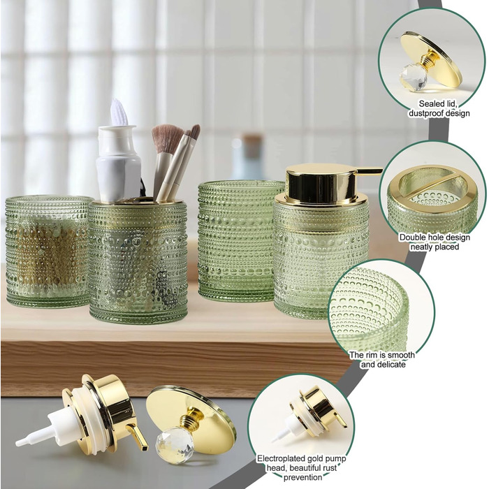 Набір аксесуарів для ванної кімнати Dasiton зі скла, 4 шт: дозатор для мила, тримач для зубних щіток, стаканчик для зубної пасти, контейнер для ватних паличок, декор для ванної кімнати, преміум-якість (зелений)