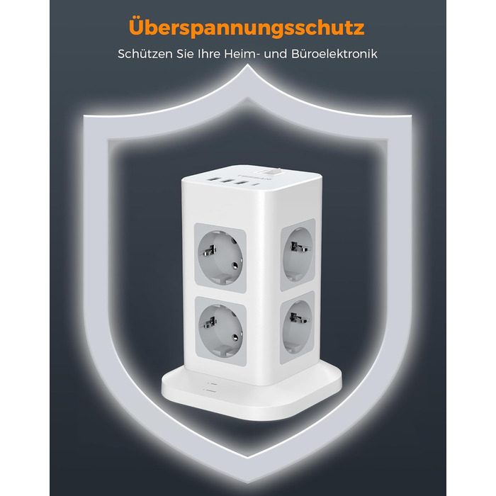 Багатофункціональна мережа TESSAN з 8 розеток, USB-C, захистом від перенапруги, вимикачем, 2 м кабелем, 3600W (сірий/білий)