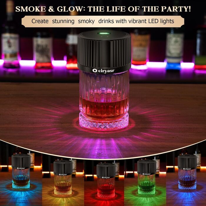 Набір для копчення коктейлів CIRYASR, електричний, без бутану, з 6 смаками, RGB-підсвічування, для віскі, бурбон, як подарунок для чоловіків