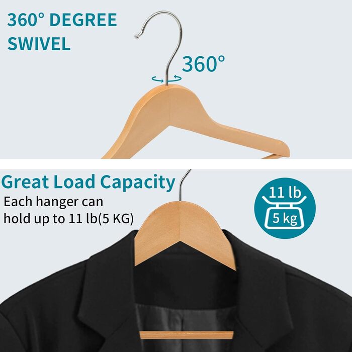 20 дерев'яних вішалок для одягу, 360° обертання, антиковзкі насічки, для костюмів, курток, сорочок, суконь, 44,5 x 0,85 x 21,5 см, AWY0520N, натуральний колір