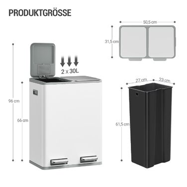 Відро для сміття з сортуванням 60 л, нержавіюча сталь, з педаллю, 2 відділення, SW06099E (біле)