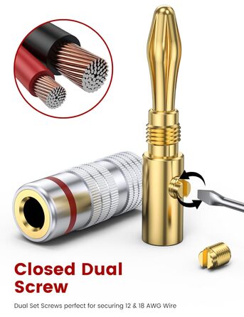 MOSWAG Бананові конектори для акустичних кабелів 4 шт. (2 пари), 24K позолота, для акустичних систем, AV-ресиверів, домашнього кінотеатру (підходить для кабелів діаметром до 4.5 мм)