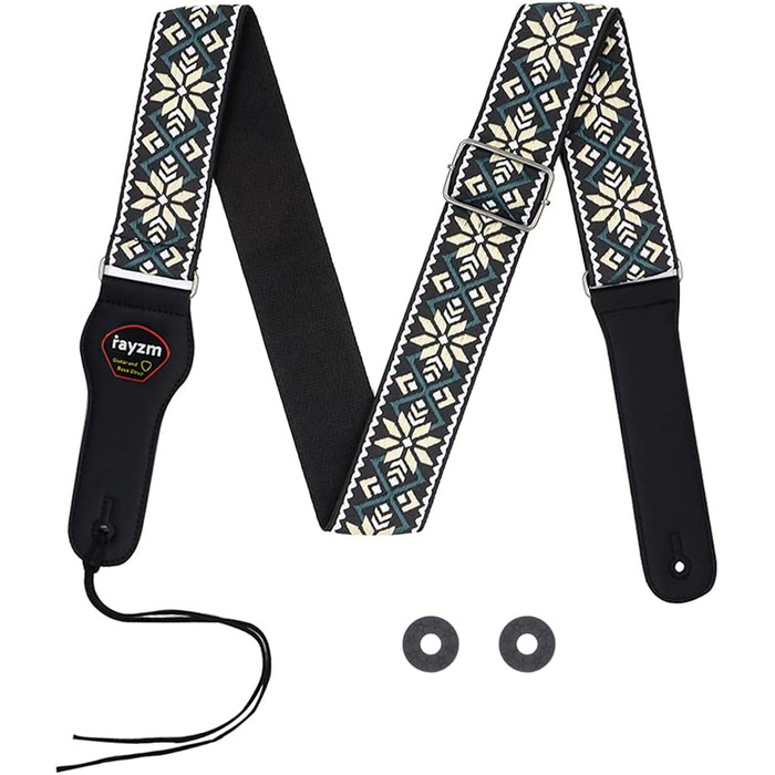 Гітарний ремінь Rayzm з візерунком жакарду, бавовняний, для акустичної та електрогітари, басу, з тримачем для медіатора, металевий бугель 5 см, регульована довжина