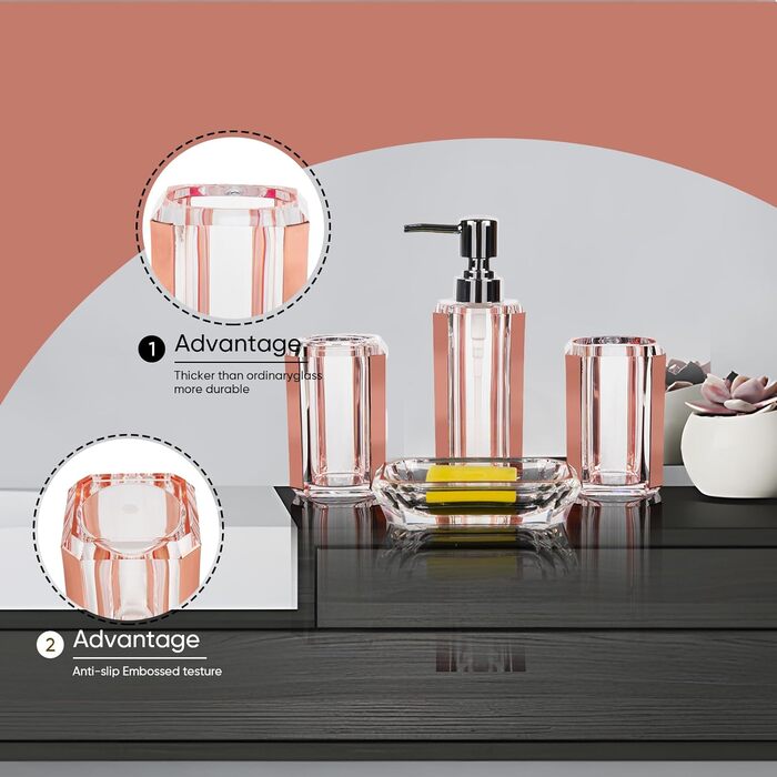 Набір аксесуарів для ванної кімнати з акрилу преміум-якості (4 шт.): дозатор для дезінфікуючого засобу, диспенсер для лосьйону, мильниця, стакан для ополіскувача, стакан для зубної пасти (чорний/золотий)