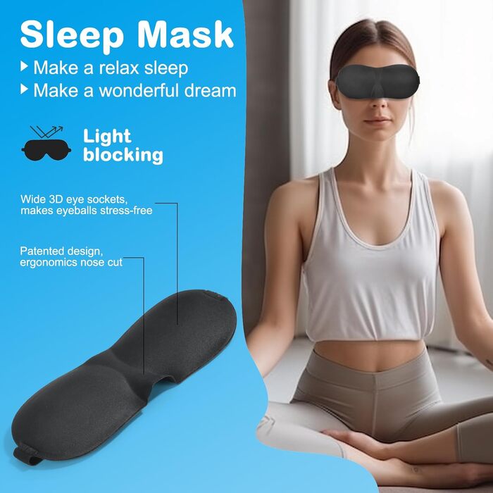 Подушка для шиї в літак, доросла, Memory Foam, регульована, компактна, з навушниками, маскою для сну та чохлом (чорна)