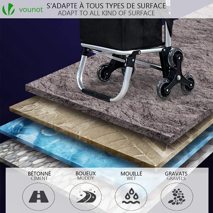 Тролей для покупок Vounot з алюмінію, для підйому сходами, складаний, з 6 колесами та відділенням для охолодження, водовідштовхувальний, 58L, чорний