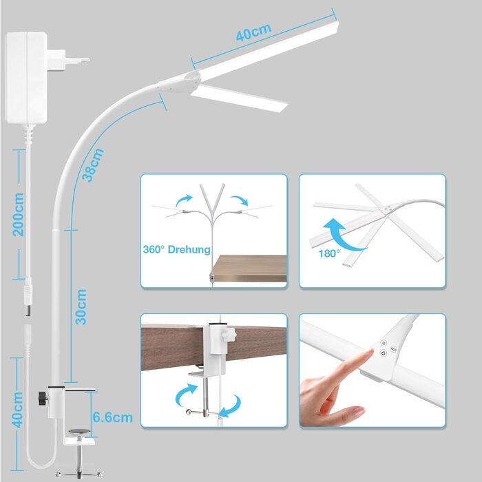 LED лампа настільна для офісу та дому, світло для монітора, 1400 люмен, регульована яскравість, кріплення-прищіпка, світло для робочого столу, гнусий «лебединий шия», подвійний насадка, 5 режимів кольору та рівнів яскравості, білий колір, 80 см
