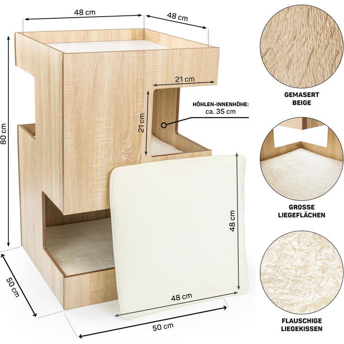 Преміум будиночок для кота з дерева, замок-вежа з ліжками, 50x50x80 см, темно-сірий (бежевий)