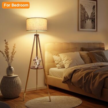 OUTON LED торшер з регулюванням яскравості, тринога, дерево з полицею, пульт дистанційного керування, 4 колірні температури, таймер на 1 годину, штатив, абажур кольору беж для вітальні, спальні, офісу (волоський горіх-золото)