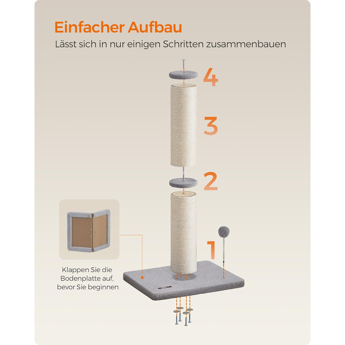 Feandrea Cat Tree, 85 cm tall, scratching post, 13 cm thick trunk, cat tree, scratching trunk for medium and large cats, sisal trunk, with plush ball and bell, Dove Gray PCA041G01