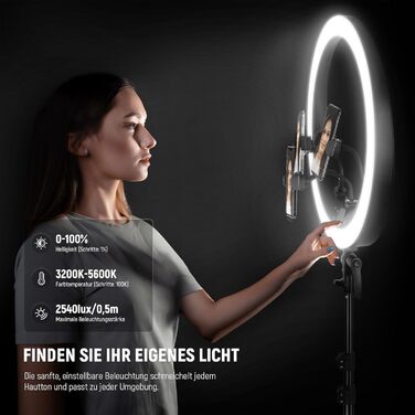 NEEWER Ringlicht RP19H 19 дюймів з триподом та 3 тримачами для телефону, дистанційне керування 2.4G, плавне регулювання яскравості, LCD та сенсорне керування, 42W CRI 97+ 2540 Lux, для стрімінгу, дому, офісу, Zoom, освітлення, кільцева лампа з пусковим пр