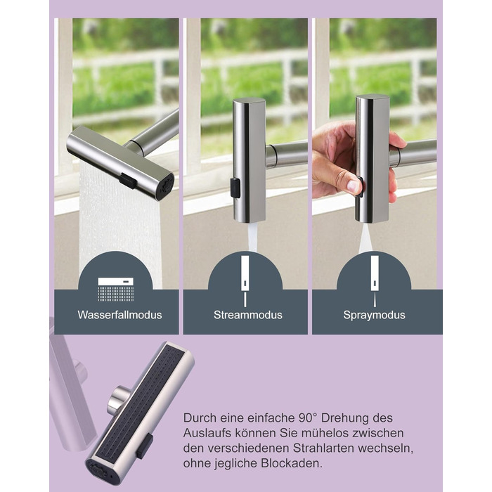 Кухонний змішувач iVIGA висувний з дозатором, водоспад, 360° поворот, 3 режими, щіткова нікель, T-подібний