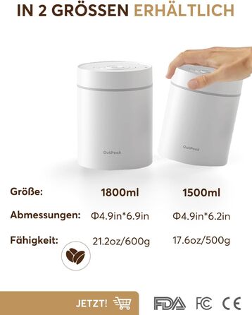 OUTPEAK 2025 Kilo Auto Вакуумна кавова банка 1,8L для 601.0 г кавових зерен з одним натисканням кнопки, нержавіючий контейнер з ложкою, свіжість на 6 місяців (Barista Champion's Choice) (1.8L-S/Steel-Pearl White)