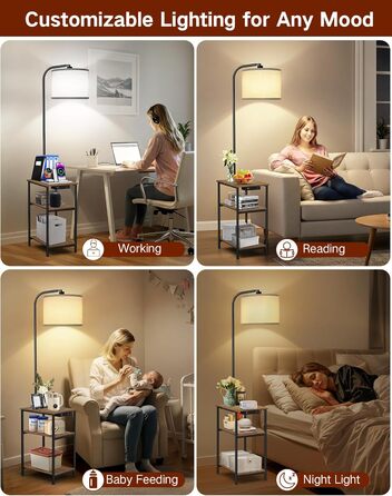 Стійка лампа для вітальні з поличкою та столом, регульована LED лампа з пультом, 3 колірні температури, приліжний столик з функцією зарядки та полицею, дерев'яний столик для спальні, офісу, коричневий в стилі рустік