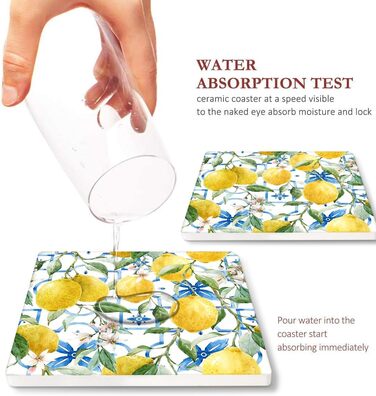 Coasters for drinks, 6 pieces, yellow lemon, fruit, blue ceramic tiles, pattern, absorbent, square, ceramic stone mat, with cork base and metal holder, housewarming gift