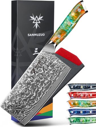 Японський ніж Nakiri SANMUZUO Xuan 19 см, Дамаск, VG10 сталь, ручка з епоксидної смоли (Dream Orange)