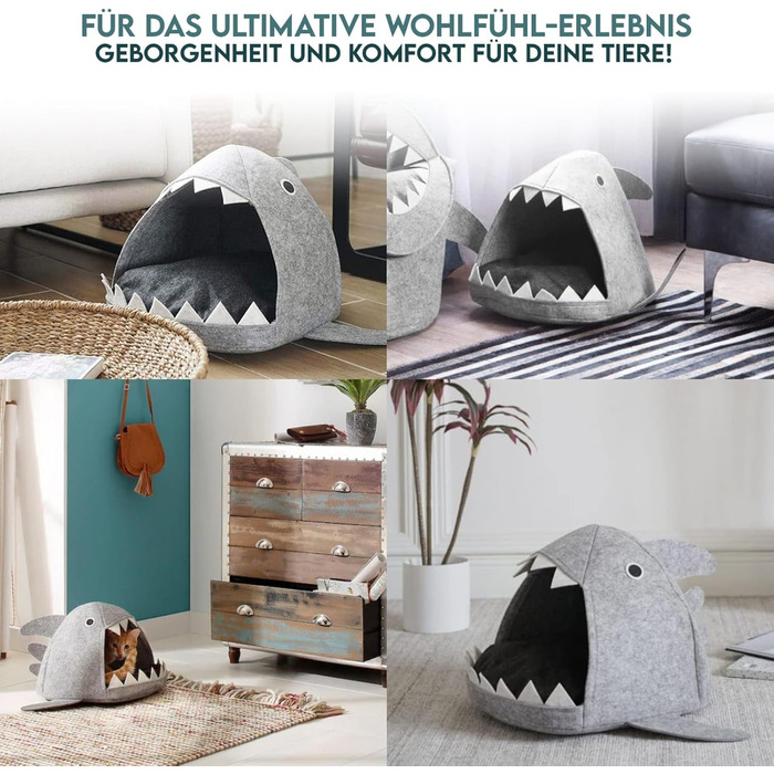 Хатинка для кота з фетру Hausleben, ліжко-печера для тварин, тепле гніздо з веселим дизайном у вигляді акули