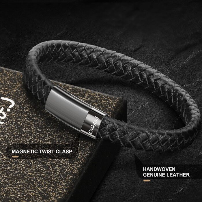 Чоловічий шкіряний браслет з плетінням та магнітним застібком Lederarmband 20 см, чорний