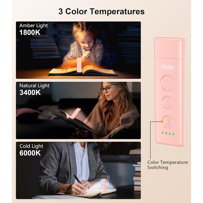 LED-лампа для читання Gritin з USB-зарядкою, кріпленням на книгу, регулюванням яскравості та кольору, для книголюбів (білий/рожевий)