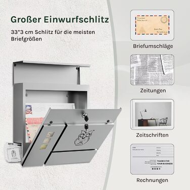 Поштовий ящик WOLTU XXL з газетницею, оглядовим вікном, замком (2 ключі), захистом від реклами, антрацит (сірий+чорний) 10,5x37x37 см