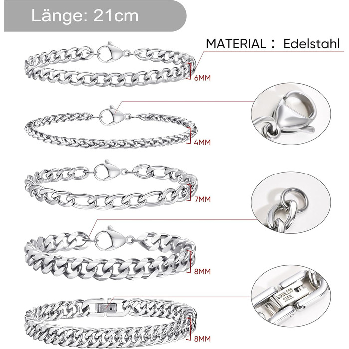 Чоловічий браслет TempBeau: срібно-чорний, з нержавіючої сталі, 19/21 см, панцерна ланцюг, стильний аксесуар для чоловіків, подарунок для тата/друга