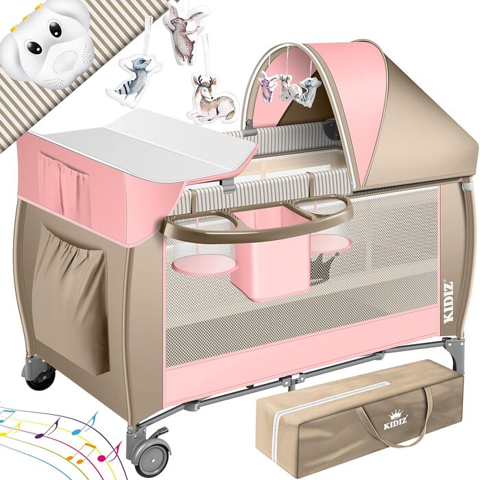 KIDIZ® 3-in-1 Baby Cot Travel Bed Combo Set Baby Bed with Changing Pad, Mosquito Net, Playard, from Birth up to 15 kg, Airy Side Walls with Side Entrance, Carry Bag, Foldable, Pink/Beige Pink / Beige