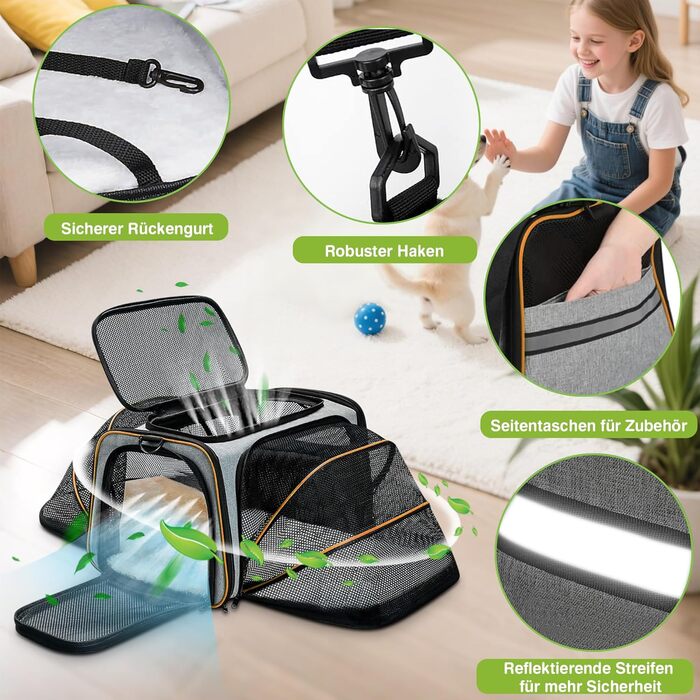 Розширювана переноска для котів та маленьких собак ALLSOPETS, м'яка переноска з 2 розширеннями, знімний флісовий килимок та кишені (сірий & зелений, сірий & помаранчевий)