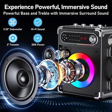 Караоке-машина JYX з 2 UHF-мікрофонами, Bluetooth-колонка з регулюванням басів/високих частот, пульт дистанційного керування та LED-підсвічуванням, підтримка TF-карт/USB, AUX IN, FM, REC, чорний колір