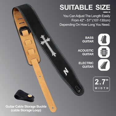 Гітарний ремінь Nefelibata з вишивкою 'n', 2.7', з двошарової баварської шкіри, з м'якою підкладкою, для акустичної, бас та електрогітари (хрест)
