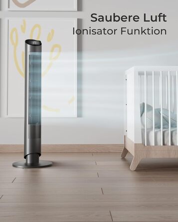 Турбовентилятор CF2401 з пультом керування та додатком: тихий підлоговий вентилятор з таймером та LED-підсвіткою, дитяча безпека, чорний, 102 см