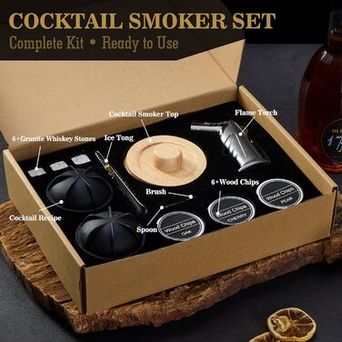 Набір для димування коктейлів та віскі – 6 видів деревини, ліхтарик, генератор диму (без бутану) – покращений нагрівач, 2 форми для льоду, 6 гранітних каменів