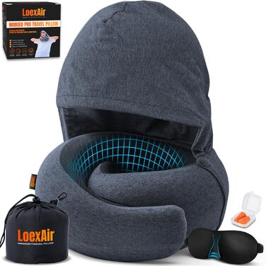 Подушка для шиї у літак, автомобіль: 100% бавовна, Memory Foam, зручна та легка, повний набір для подорожей (маска для сну, беруші) - (Темно-сірий, Hooded Pro)