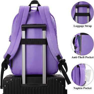 Жіночий рюкзак YAMTION: для школи, роботи, університету. USB-порт, відділення для ноутбука 15.6 дюймів, світло-зелений/світло-фіолетовий