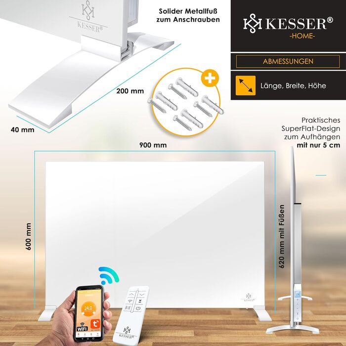 Інфрачервовий обігрівач KESSER 520W з алюмінію, 2-в-1: підлоговий та настінний. Енергозберігаючий з Wi-Fi керуванням, датчиком вікон та пультом. Білий.