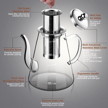 Скляний чайник з ситом 1200-1500 мл з боросилікатного скла з мірною шкалою для листового чаю та чайних квітів, подарунковий набір