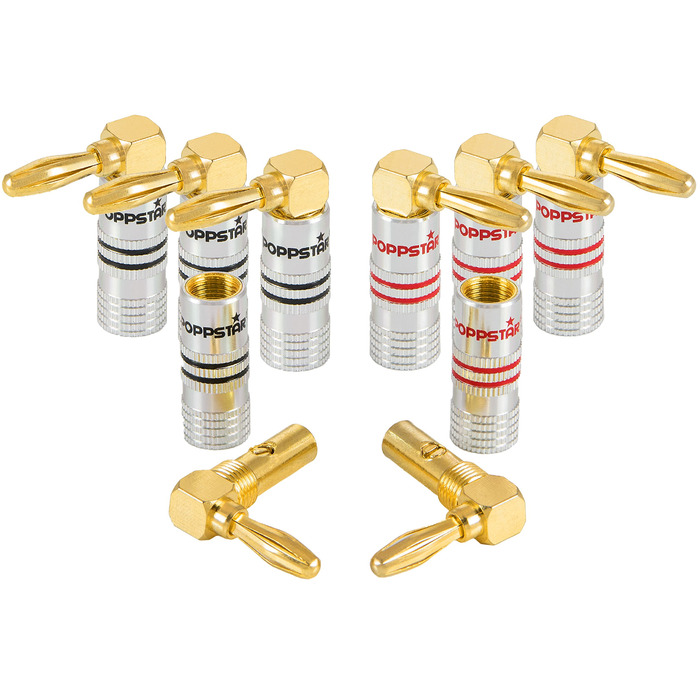 Комплект кутових бананових роз'ємів Poppstar High End (12 шт), 24K золоте покриття, для кабелів до 6 мм², чорні та червоні