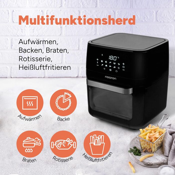 Аерофритюрниця Noaton A120 Ultra Pro 12 л, без олії, 1800 Вт, 10 програм, цифровий дисплей, компактна, для 1-4 осіб, з кулінарною книгою та кухонними щипцями, чорна