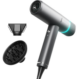 Іонізатор для волосся Föhn - високошвидкісний фен з насадкою-дифузором для жінок та чоловіків, 3 режими/2 швидкості, легкий, рівномірне тепло, тихий, чорний (сірий)
