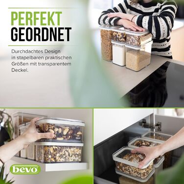 bevo - Set of 5 Storage Containers for the Kitchen made of PET with Lid for Food - Storage Containers & Storage Boxes BPA-free, Airtight - Boxes for Storing & Organizing Cereal, Flour, Pasta & Rice