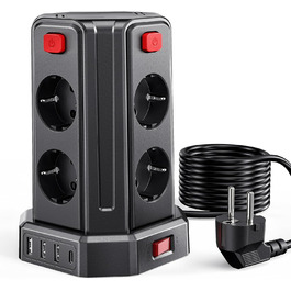 Мережевий фільтр Sameriver з 4 USB, 8 розеток, захистом від перенапруги, вимикачем та 2м кабелем, чорний
