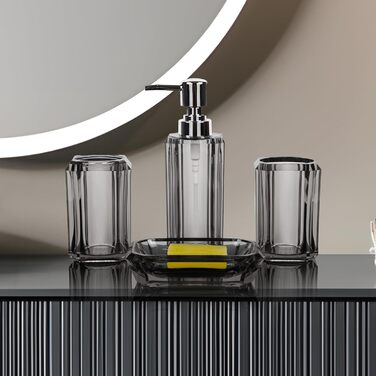 Набір аксесуарів для ванної кімнати з акрилу преміум-класу (4 шт.): дозатор для дезінфектора, диспенсер для лосьйону, мильниця, стакан для ополіскувача, стакан для зубної пасти (щіткова чорна/сіра)