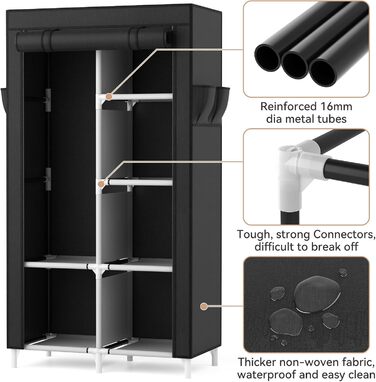 Wardrobe, Portable Fabric Clothes Closet with Clothes Rod, 6 Shelves, 4 Side Pockets, and Cover, Sturdy Clothes Racks for Bedroom Dressing Room (Black, 84 x 42 x 162 cm)