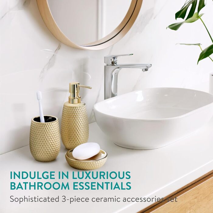 Набір для ванної кімнати Navaris Premium - елегантний набір аксесуарів (дозатор мила, мильниця, стакан для зубної пасти) - золото