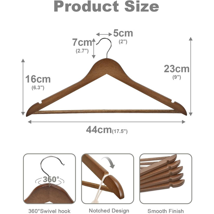 Дерев'яні вішалки для одягу HOUSE DAY (30 шт.) - 360° обертання, захист плечей, для костюмів, сорочок, курток та пальто, горіх